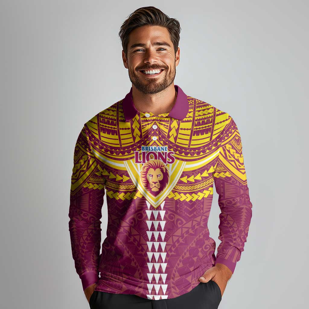 Personalized Brisbane Lions Long Sleeve Polo Shirt Polynesian Tribal Pattern Heritage Football
