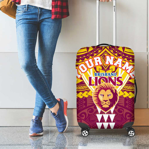 Personalized Brisbane Lions Luggage Cover Polynesian Tribal Pattern Heritage Football