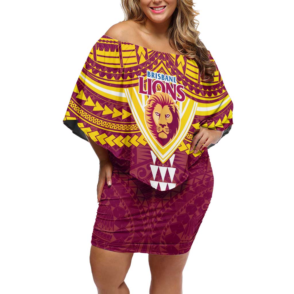 Personalized Brisbane Lions Off Shoulder Short Dress Polynesian Tribal Pattern Heritage Football
