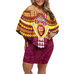 Personalized Brisbane Lions Off Shoulder Short Dress Polynesian Tribal Pattern Heritage Football