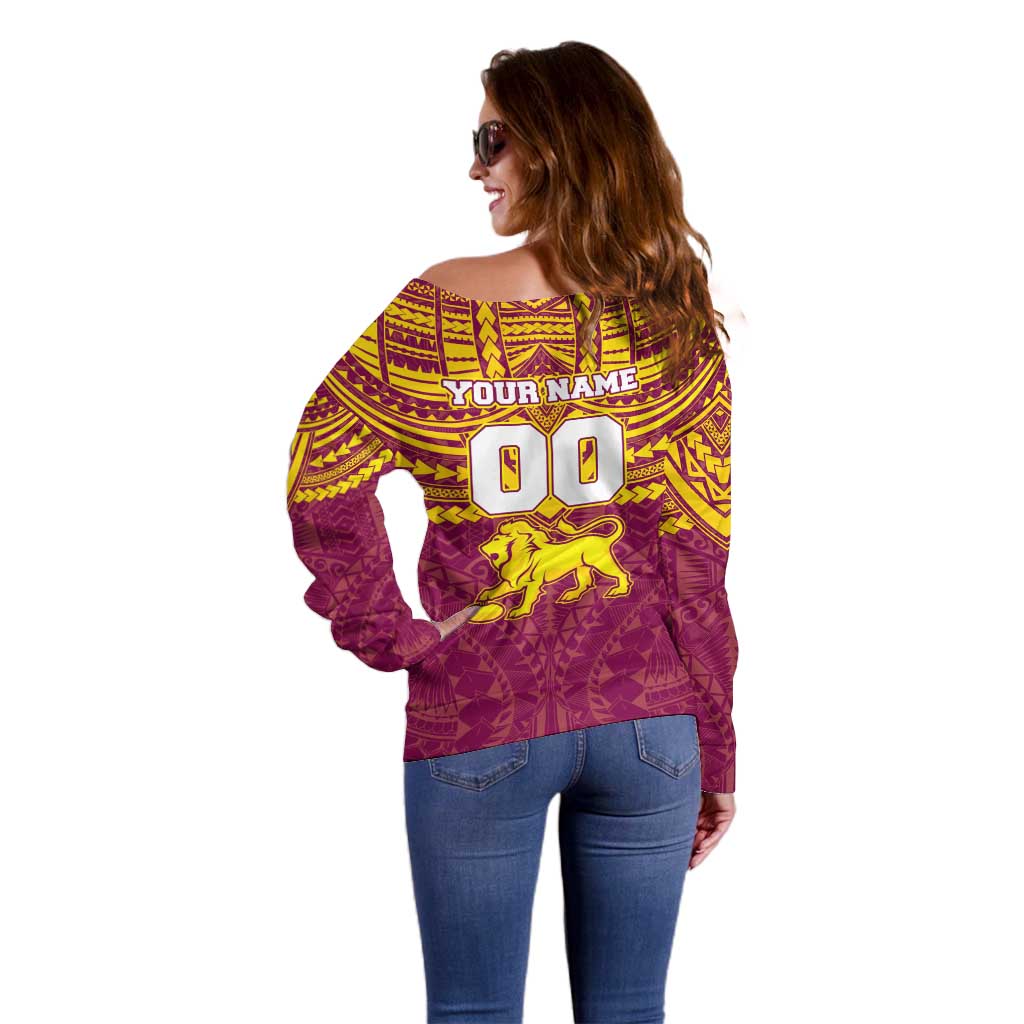 Personalized Brisbane Lions Off Shoulder Sweater Polynesian Tribal Pattern Heritage Football