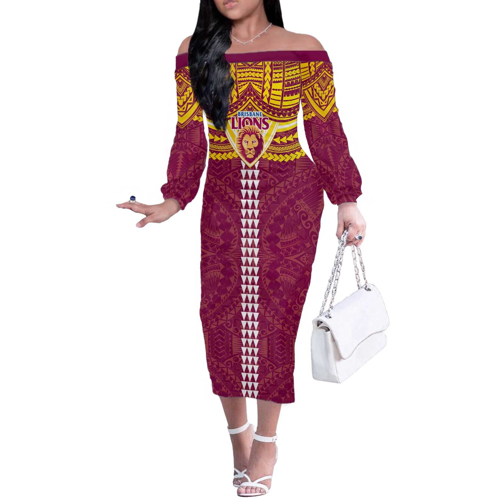 Personalized Brisbane Lions Off The Shoulder Long Sleeve Dress Polynesian Tribal Pattern Heritage Football