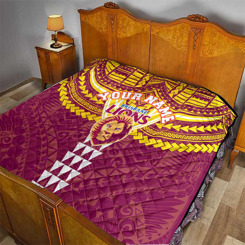 Personalized Brisbane Lions Quilt Polynesian Tribal Pattern Heritage Football
