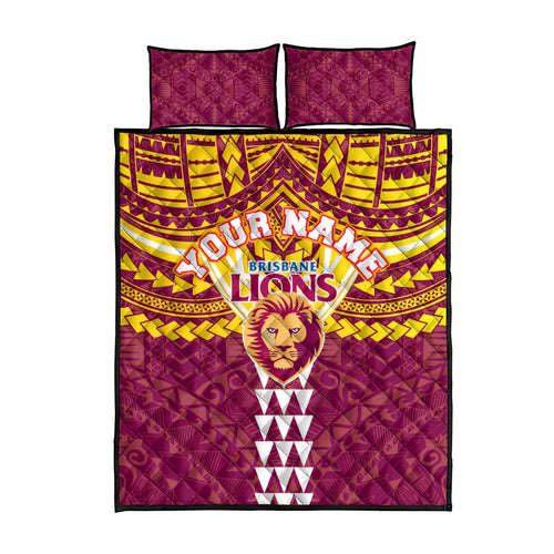 Personalized Brisbane Lions Quilt Bed Set Polynesian Tribal Pattern Heritage Football