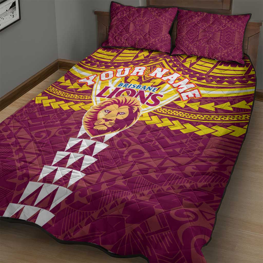 Personalized Brisbane Lions Quilt Bed Set Polynesian Tribal Pattern Heritage Football