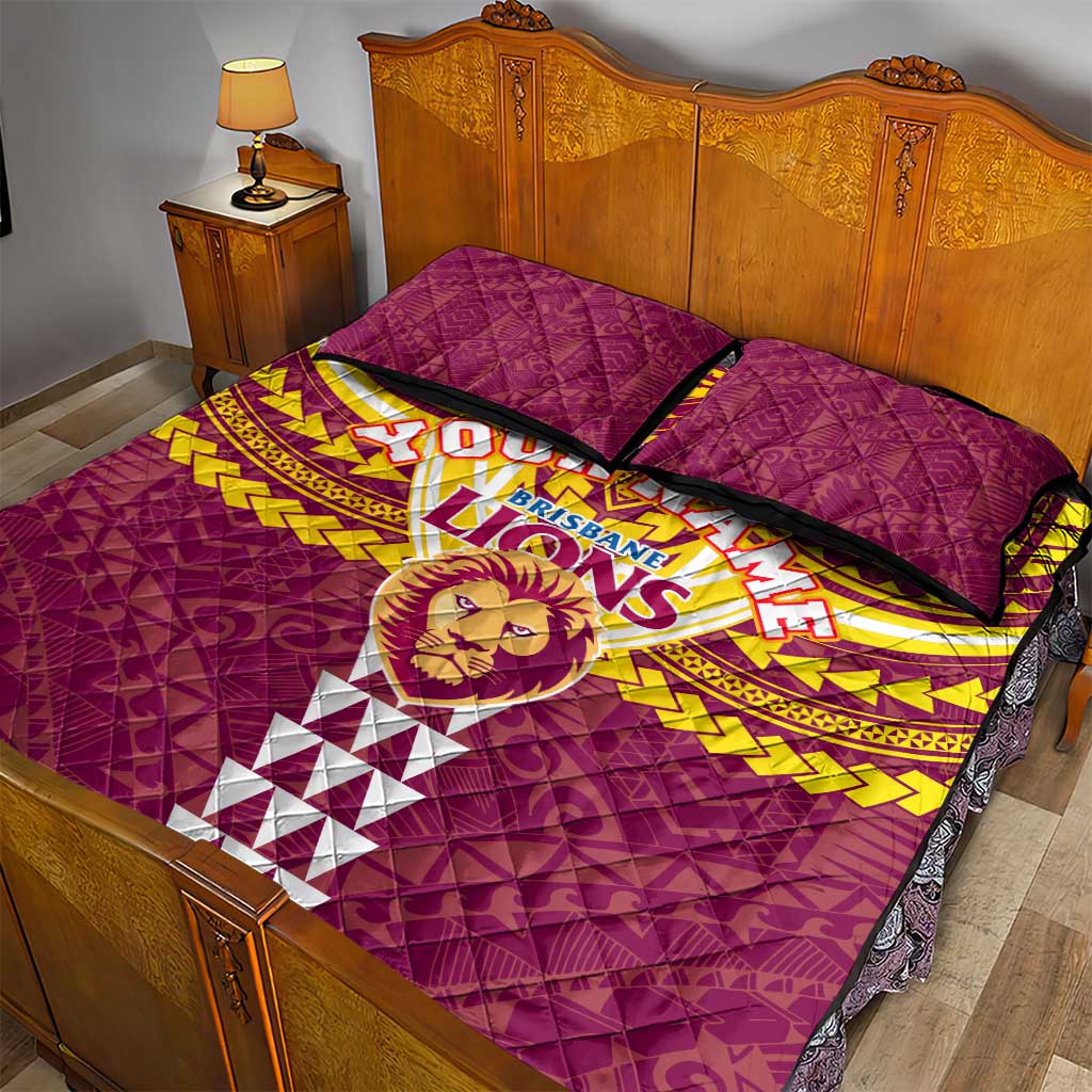 Personalized Brisbane Lions Quilt Bed Set Polynesian Tribal Pattern Heritage Football