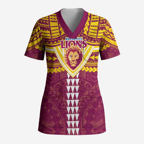 Personalized Brisbane Lions Scrub Top Polynesian Tribal Pattern Heritage Football