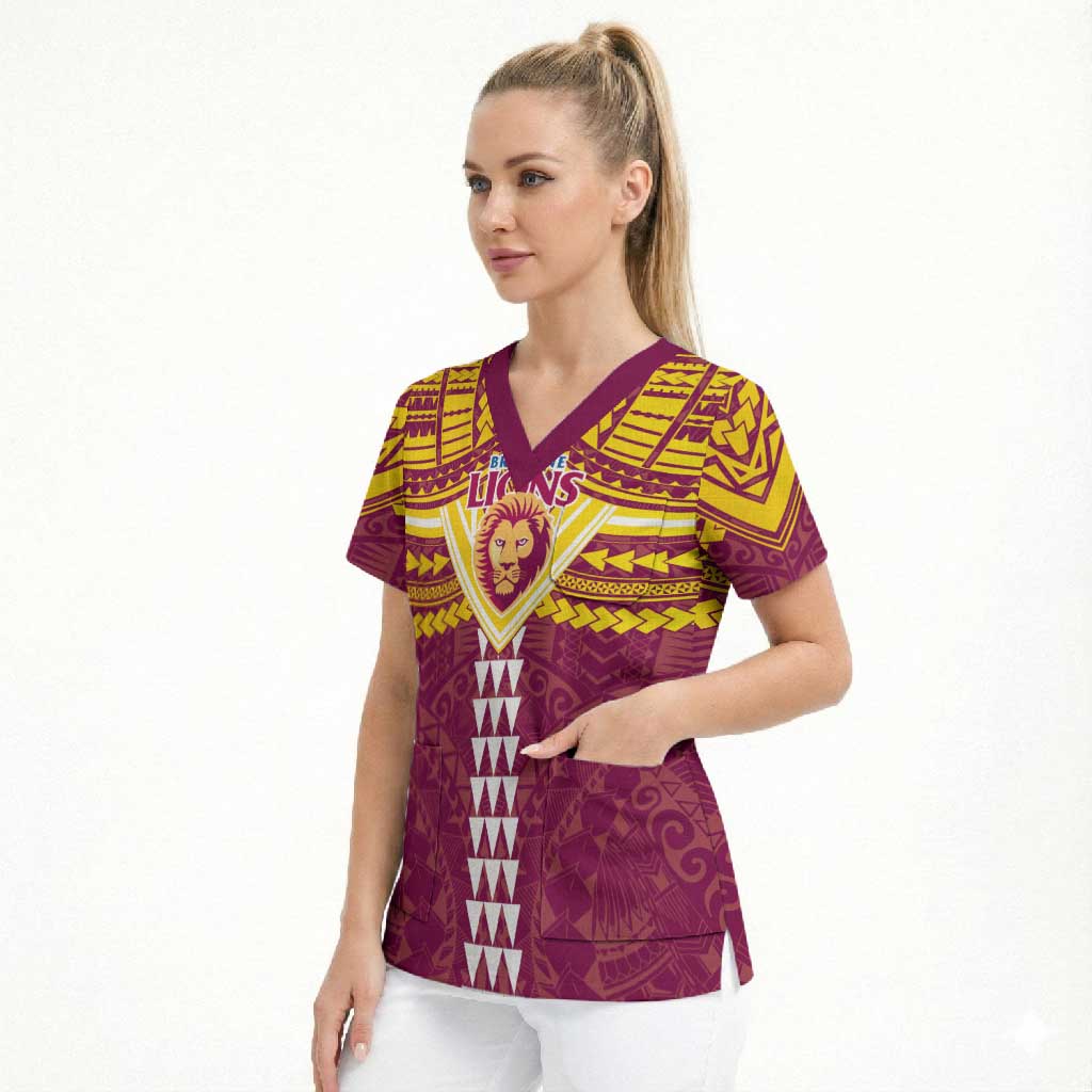 Personalized Brisbane Lions Scrub Top Polynesian Tribal Pattern Heritage Football