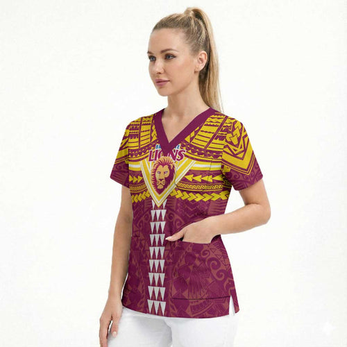 Personalized Brisbane Lions Scrub Top Polynesian Tribal Pattern Heritage Football