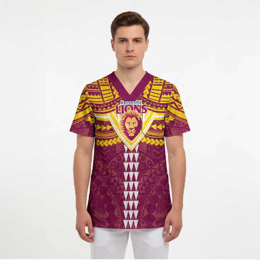 Personalized Brisbane Lions Scrub Top Polynesian Tribal Pattern Heritage Football