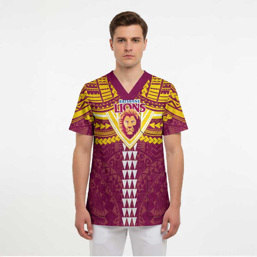 Personalized Brisbane Lions Scrub Top Polynesian Tribal Pattern Heritage Football