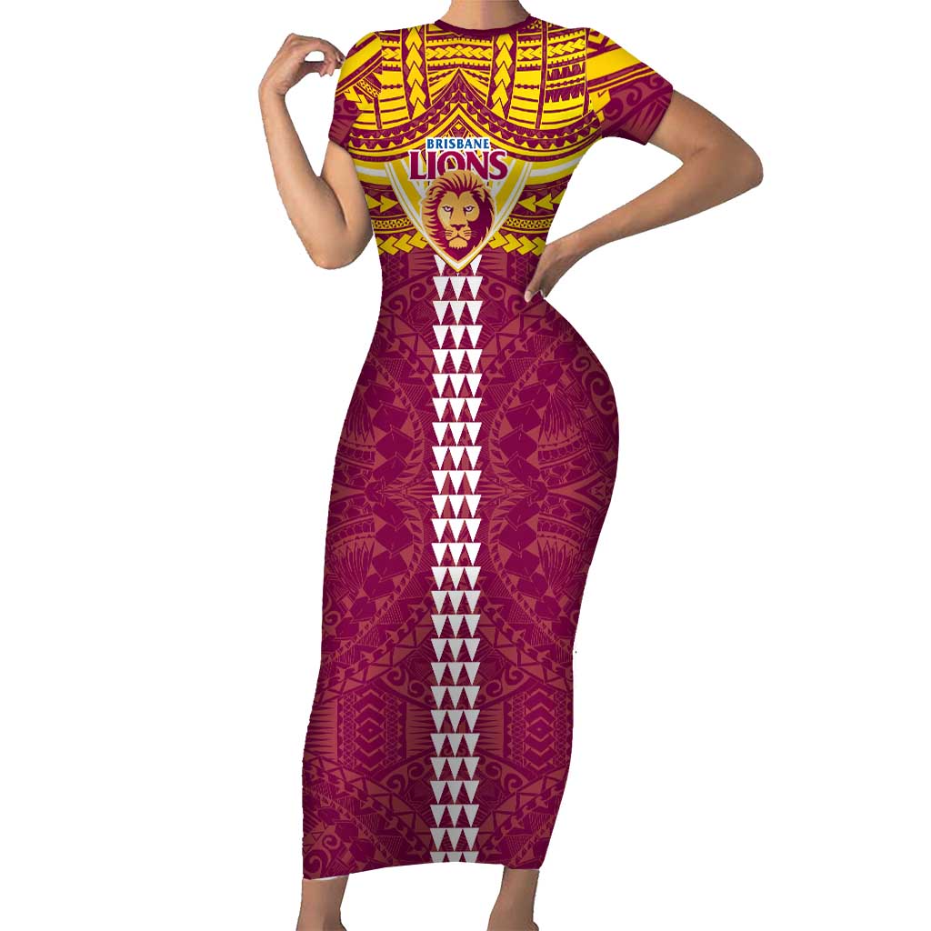 Personalized Brisbane Lions Short Sleeve Bodycon Dress Polynesian Tribal Pattern Heritage Football
