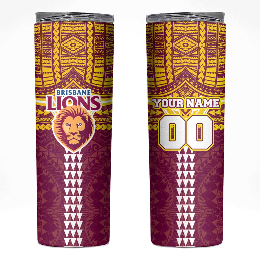 Personalized Brisbane Lions Skinny Tumbler Polynesian Tribal Pattern Heritage Football