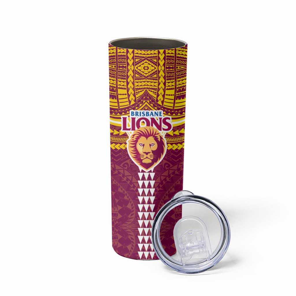 Personalized Brisbane Lions Skinny Tumbler Polynesian Tribal Pattern Heritage Football