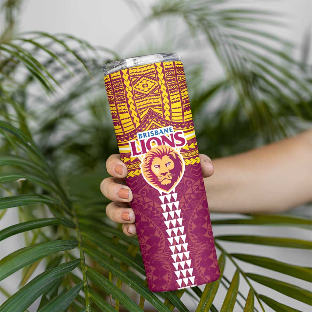 Personalized Brisbane Lions Skinny Tumbler Polynesian Tribal Pattern Heritage Football