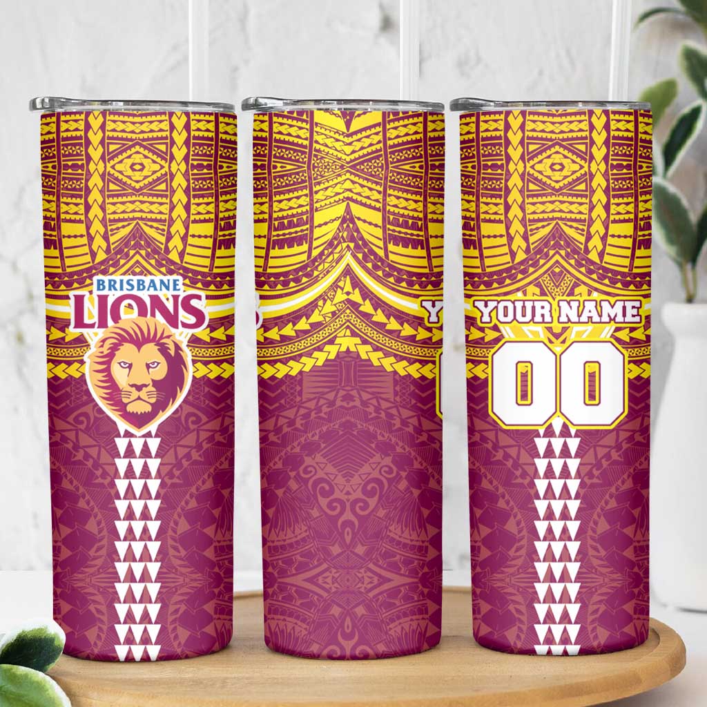 Personalized Brisbane Lions Skinny Tumbler Polynesian Tribal Pattern Heritage Football