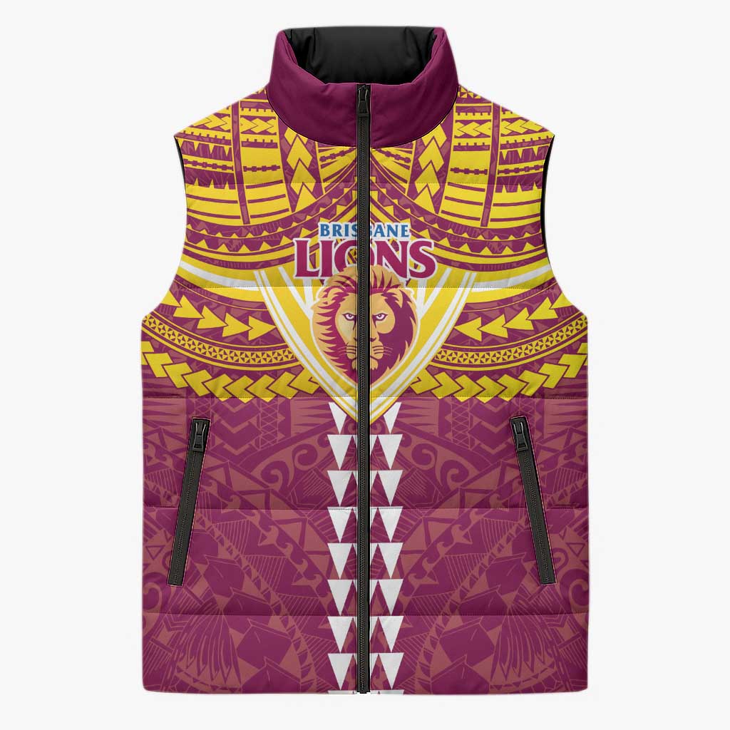 Personalized Brisbane Lions Sleeveless Puffer Jacket Polynesian Tribal Pattern Heritage Football