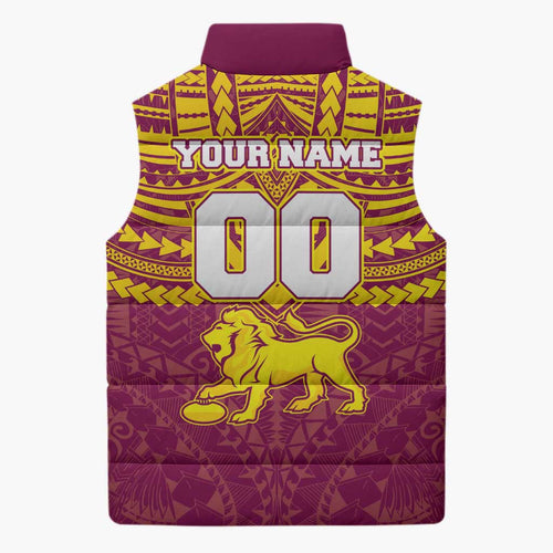 Personalized Brisbane Lions Sleeveless Puffer Jacket Polynesian Tribal Pattern Heritage Football