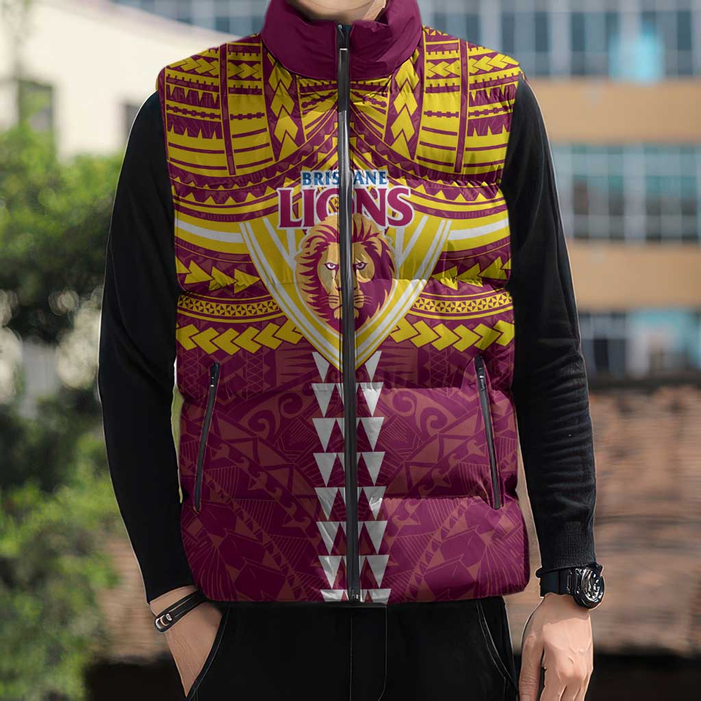 Personalized Brisbane Lions Sleeveless Puffer Jacket Polynesian Tribal Pattern Heritage Football