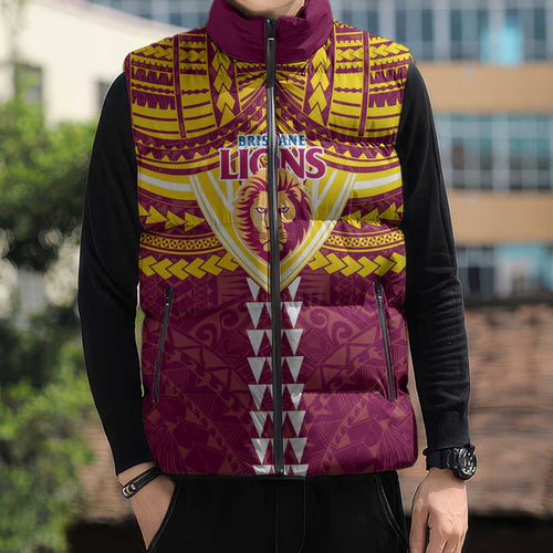 Personalized Brisbane Lions Sleeveless Puffer Jacket Polynesian Tribal Pattern Heritage Football