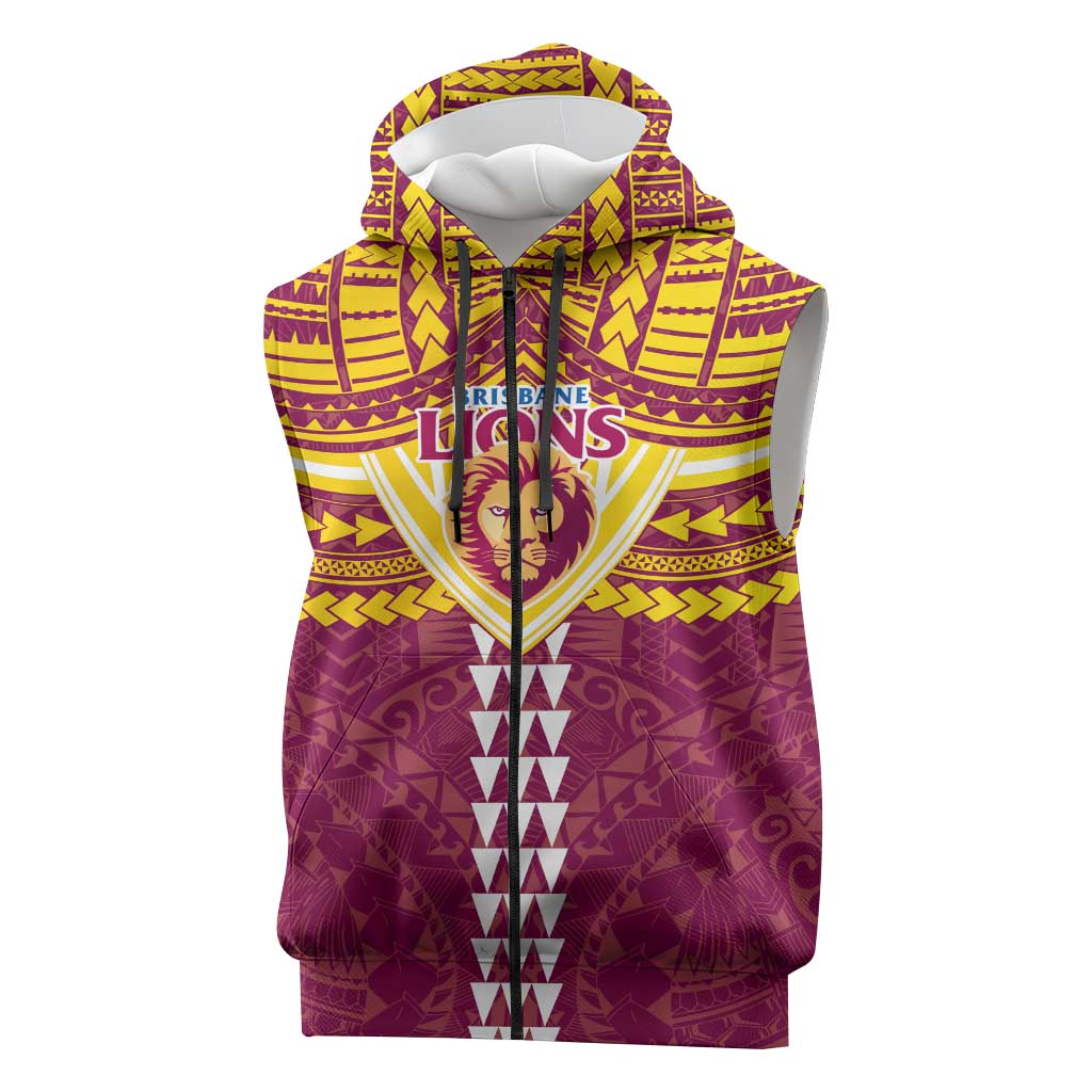 Personalized Brisbane Lions Sleeveless Zip Hoodie Polynesian Tribal Pattern Heritage Football