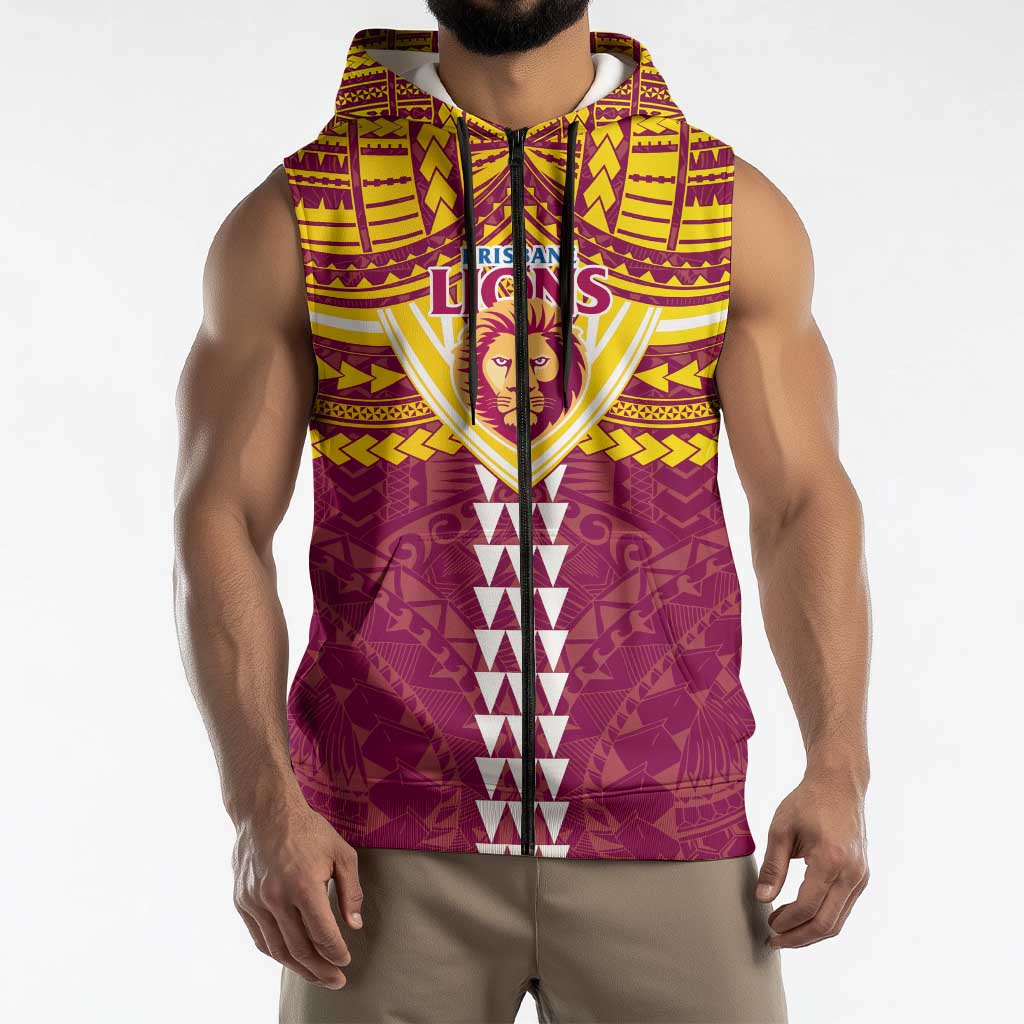 Personalized Brisbane Lions Sleeveless Zip Hoodie Polynesian Tribal Pattern Heritage Football