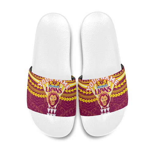 Personalized Brisbane Lions Slide Sandals Polynesian Tribal Pattern Heritage Football