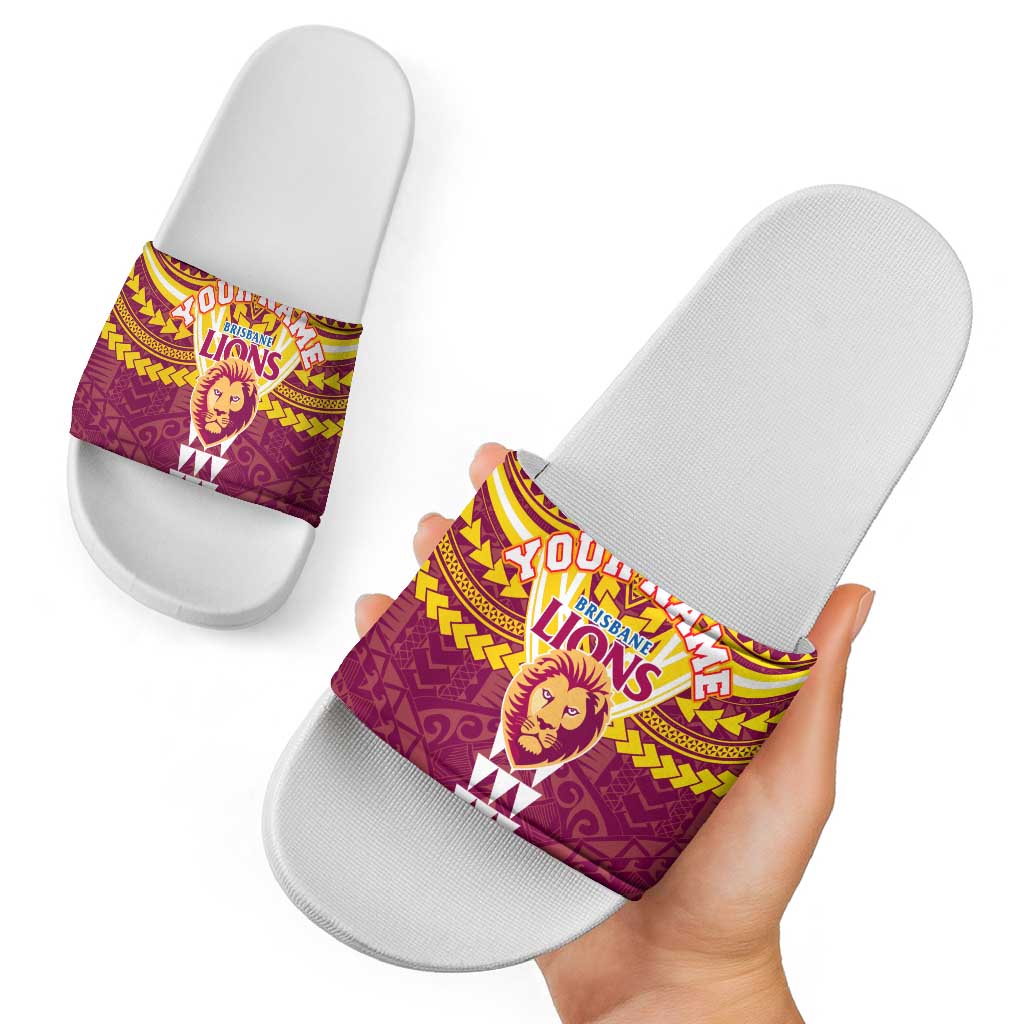 Personalized Brisbane Lions Slide Sandals Polynesian Tribal Pattern Heritage Football