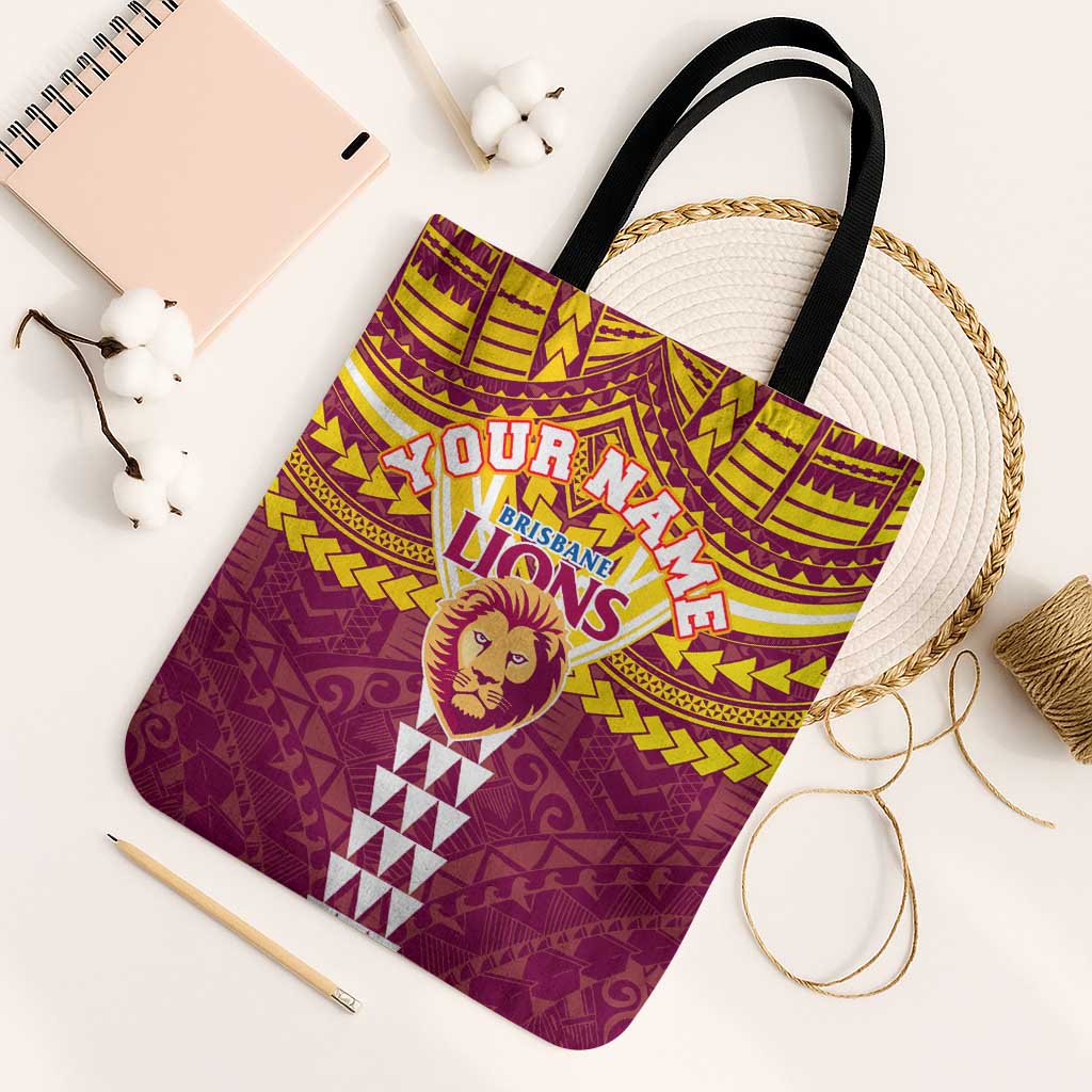 Personalized Brisbane Lions Tote Bag Polynesian Tribal Pattern Heritage Football