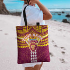 Personalized Brisbane Lions Tote Bag Polynesian Tribal Pattern Heritage Football