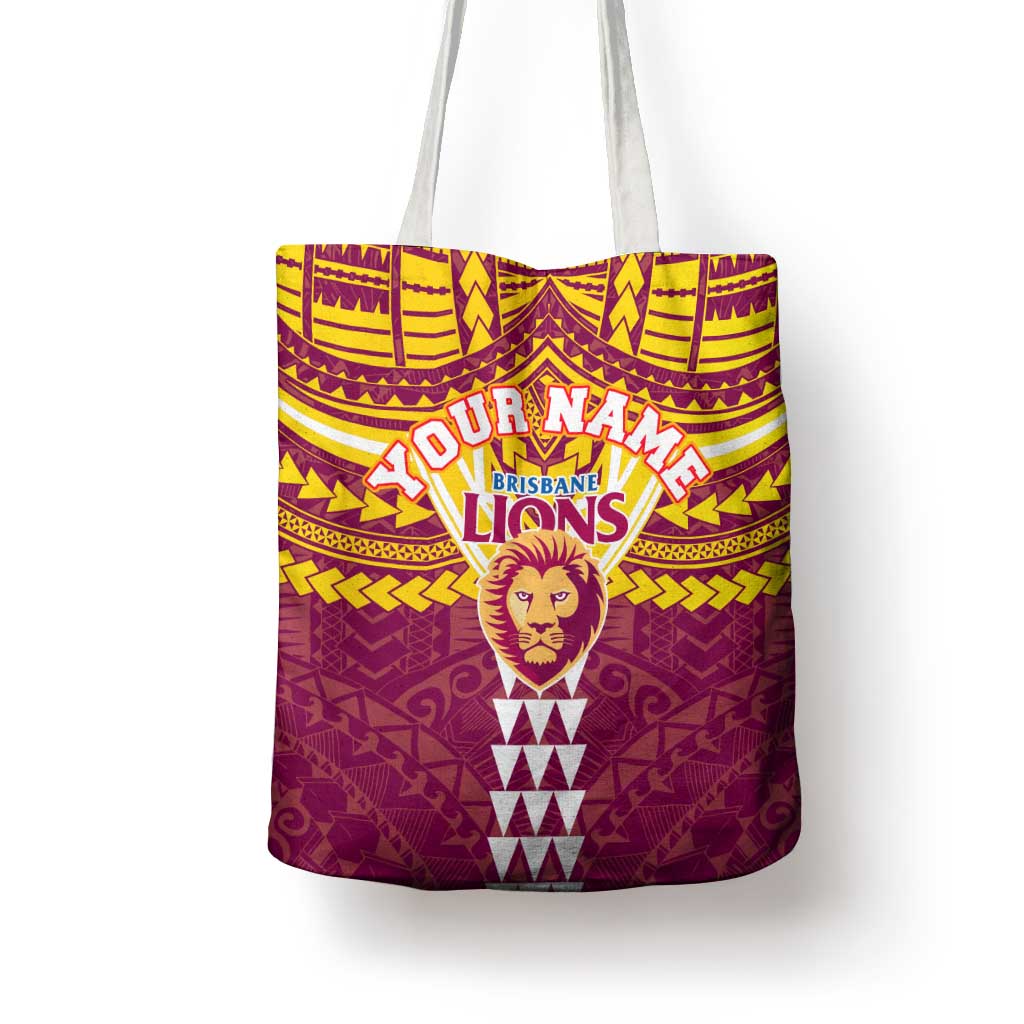 Personalized Brisbane Lions Tote Bag Polynesian Tribal Pattern Heritage Football