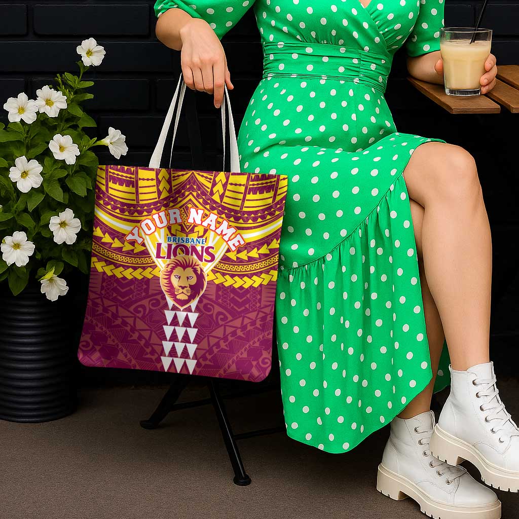 Personalized Brisbane Lions Tote Bag Polynesian Tribal Pattern Heritage Football