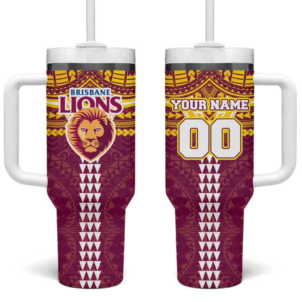 Personalized Brisbane Lions Tumbler With Handle Polynesian Tribal Pattern Heritage Football