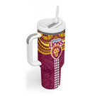 Personalized Brisbane Lions Tumbler With Handle Polynesian Tribal Pattern Heritage Football