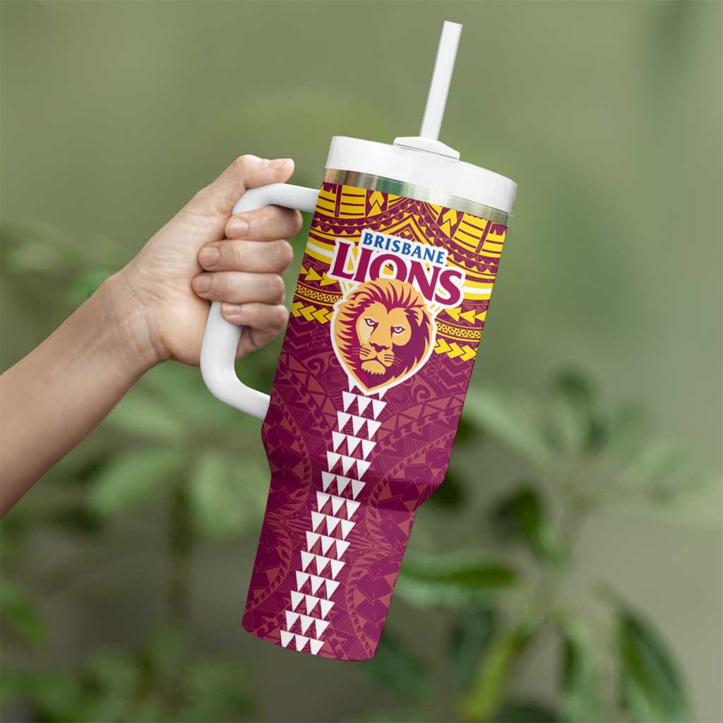 Personalized Brisbane Lions Tumbler With Handle Polynesian Tribal Pattern Heritage Football