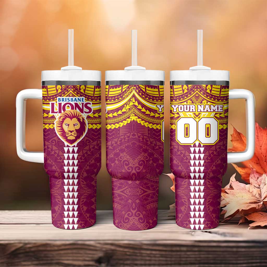 Personalized Brisbane Lions Tumbler With Handle Polynesian Tribal Pattern Heritage Football