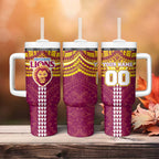 Personalized Brisbane Lions Tumbler With Handle Polynesian Tribal Pattern Heritage Football