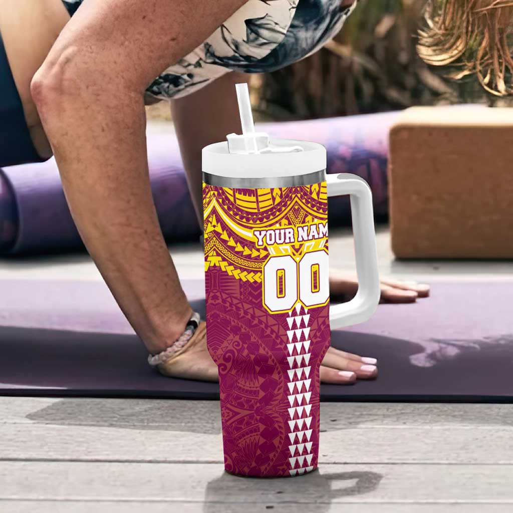 Personalized Brisbane Lions Tumbler With Handle Polynesian Tribal Pattern Heritage Football
