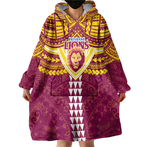Personalized Brisbane Lions Wearable Blanket Hoodie Polynesian Tribal Pattern Heritage Football