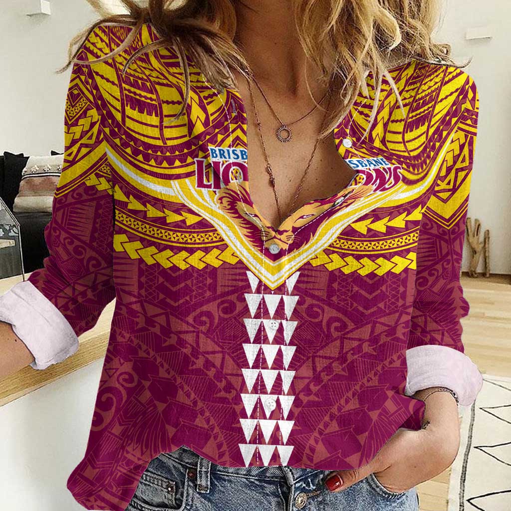 Personalized Brisbane Lions Women Casual Shirt Polynesian Tribal Pattern Heritage Football