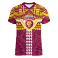 Personalized Brisbane Lions Women V-Neck T-Shirt Polynesian Tribal Pattern Heritage Football