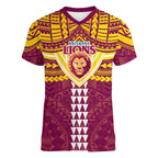 Personalized Brisbane Lions Women V-Neck T-Shirt Polynesian Tribal Pattern Heritage Football