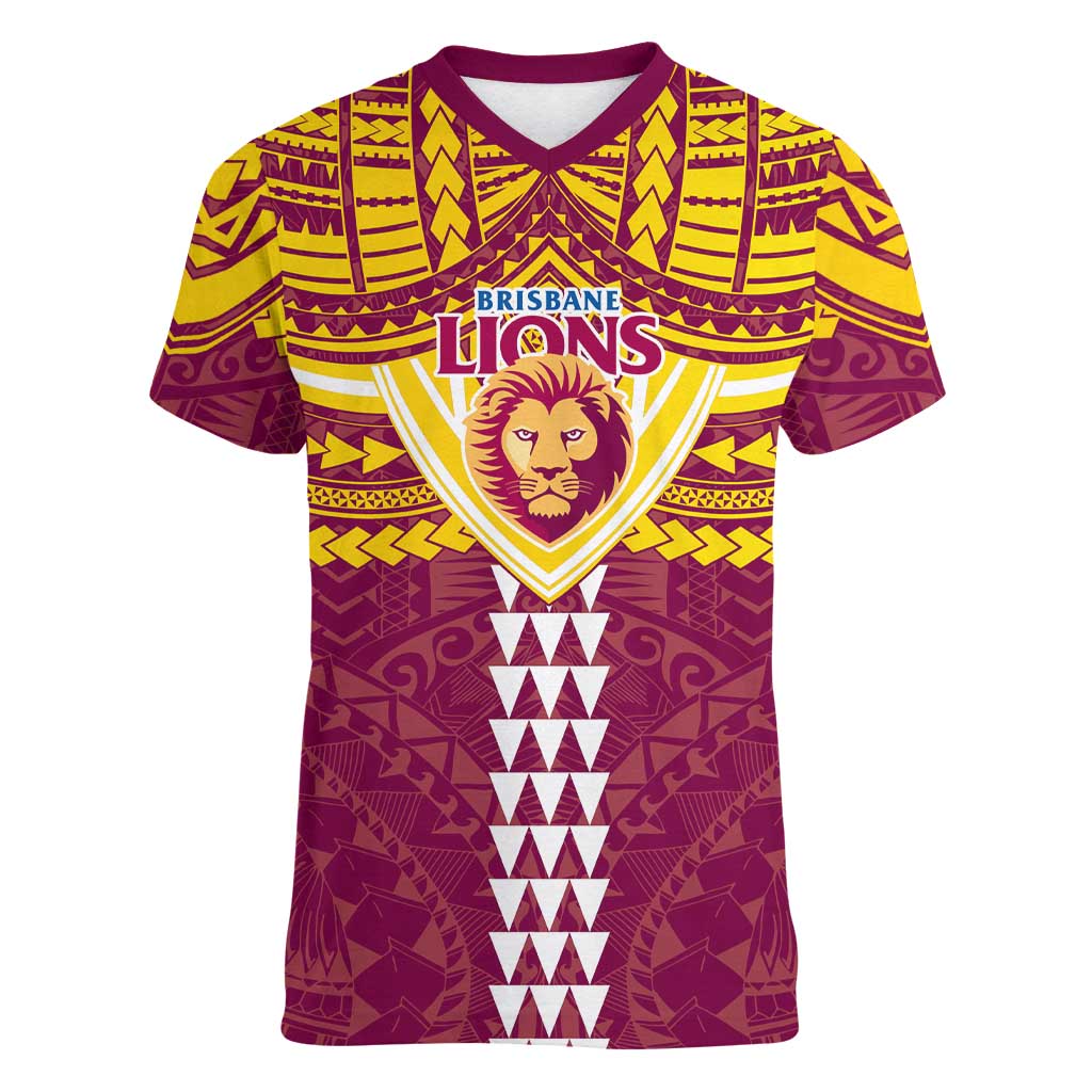 Personalized Brisbane Lions Women V-Neck T-Shirt Polynesian Tribal Pattern Heritage Football