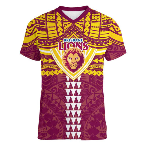 Personalized Brisbane Lions Women V-Neck T-Shirt Polynesian Tribal Pattern Heritage Football