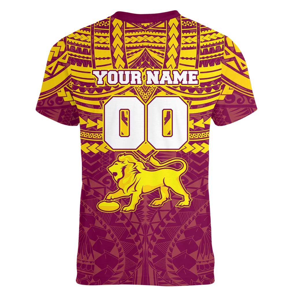 Personalized Brisbane Lions Women V-Neck T-Shirt Polynesian Tribal Pattern Heritage Football