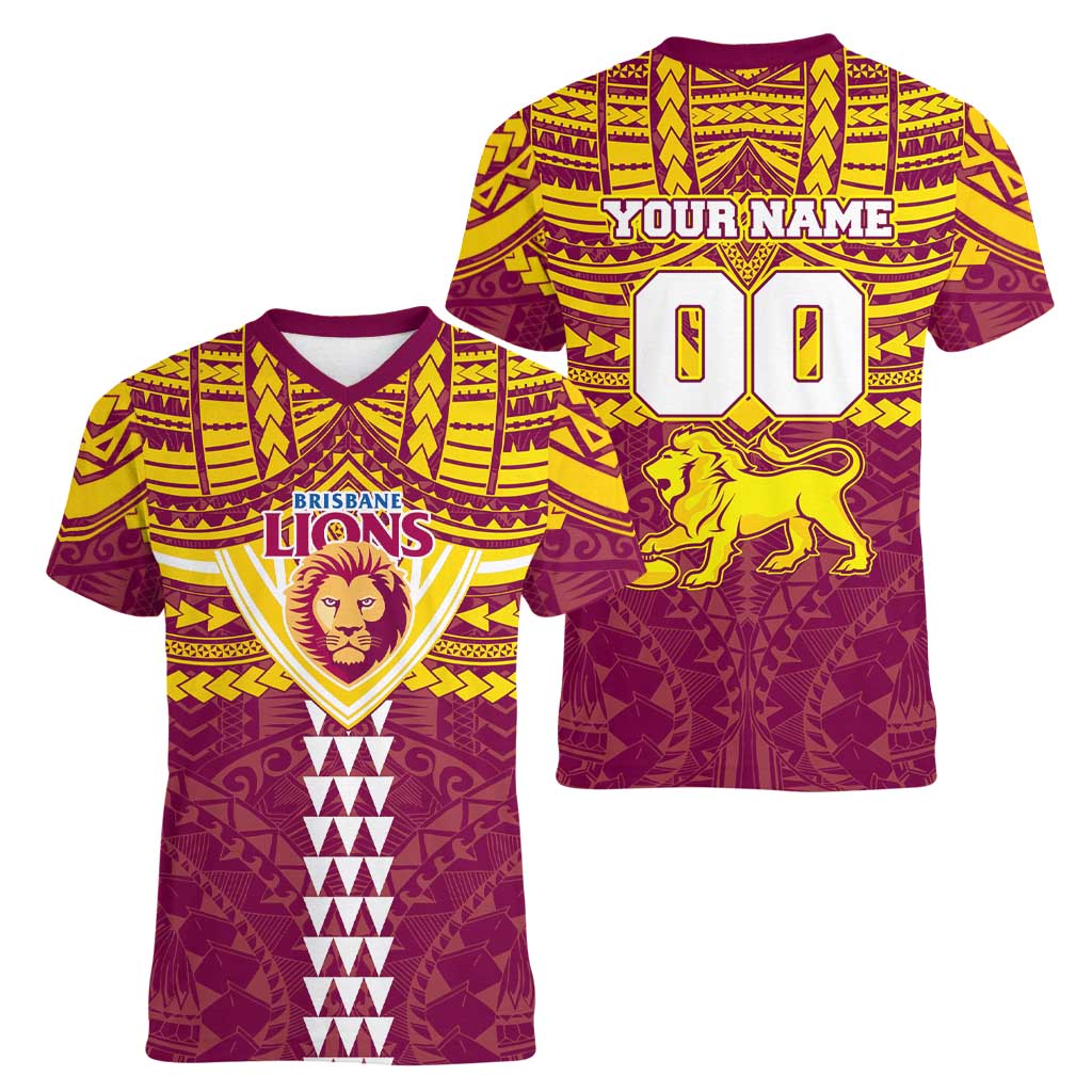 Personalized Brisbane Lions Women V-Neck T-Shirt Polynesian Tribal Pattern Heritage Football