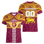 Personalized Brisbane Lions Women V-Neck T-Shirt Polynesian Tribal Pattern Heritage Football