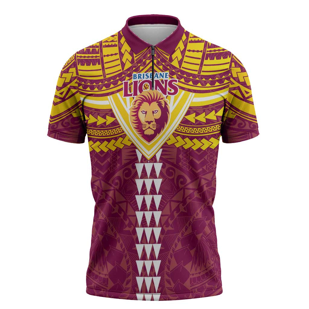 Personalized Brisbane Lions Zipper Polo Shirt Polynesian Tribal Pattern Heritage Football