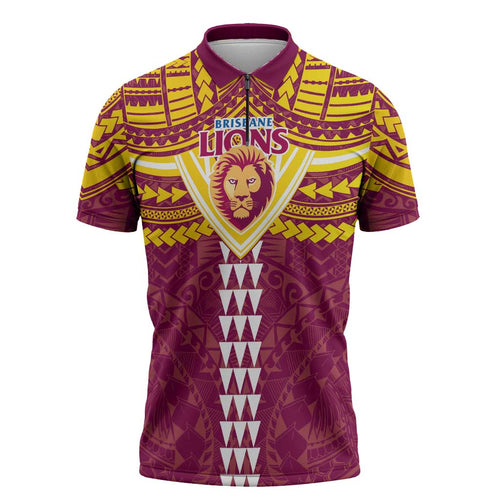 Personalized Brisbane Lions Zipper Polo Shirt Polynesian Tribal Pattern Heritage Football