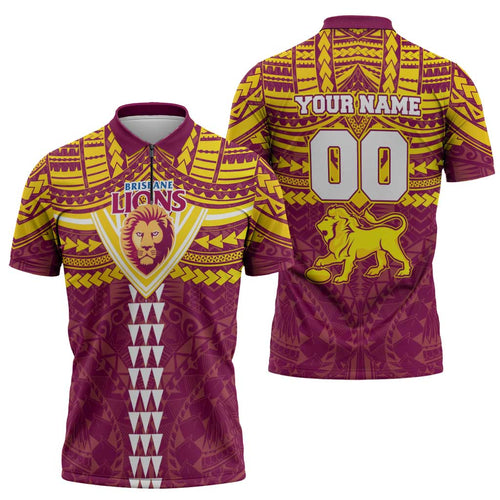 Personalized Brisbane Lions Zipper Polo Shirt Polynesian Tribal Pattern Heritage Football